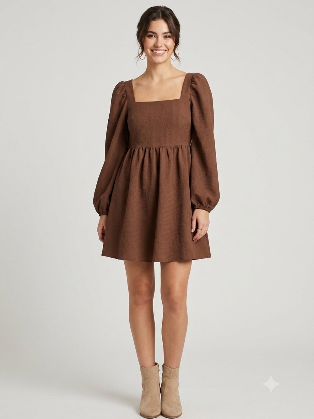 Promesa Chocolate Brown Square-Neck Puff Sleeve Mini Dress